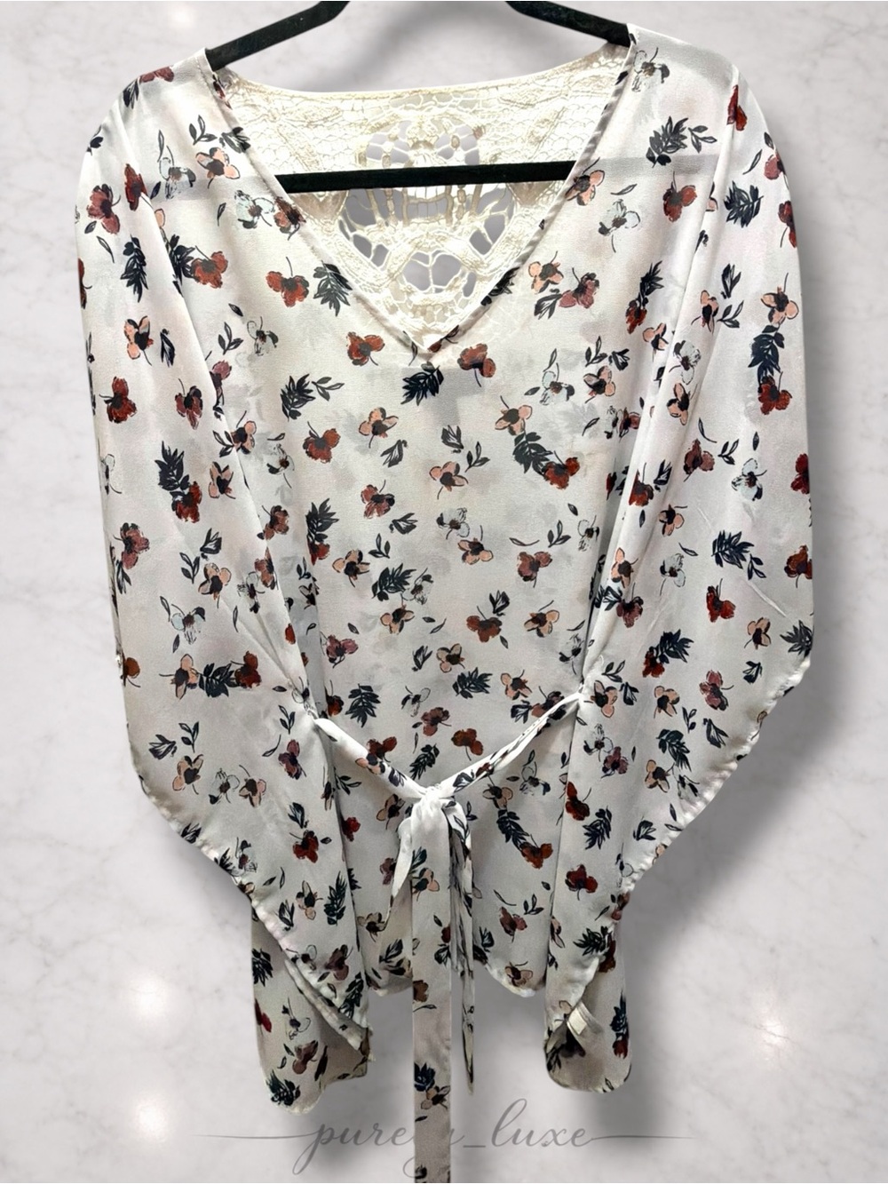 Lane Bryant White Floral V-Neck Tie-Back Blouse with Lace Yoke